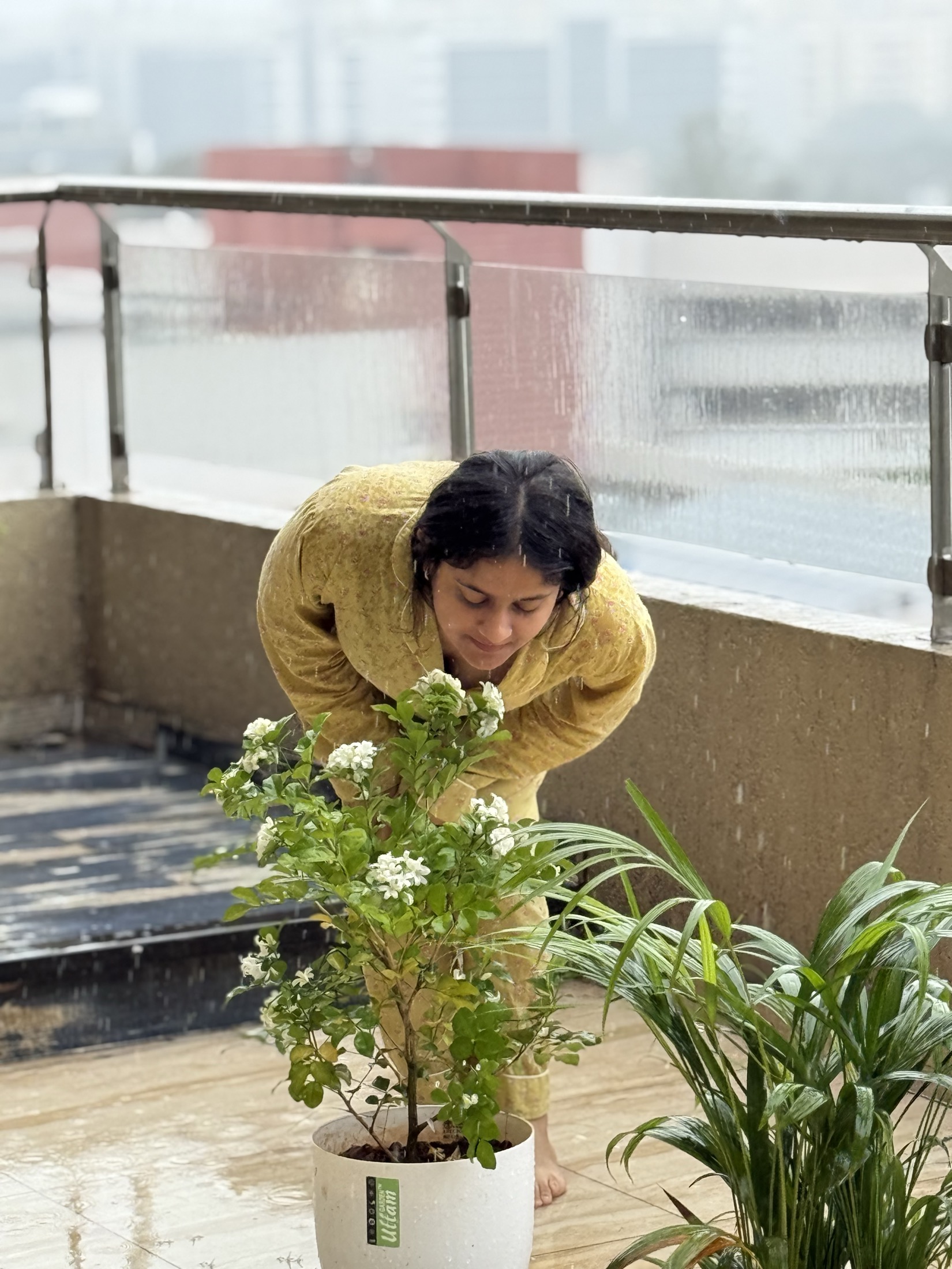 Smelling jasmine on a rainy balcony